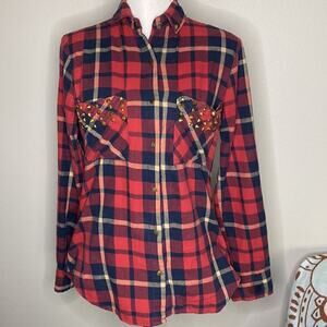Cotton On Metal Spike Red Flannel Punk Shirt Womens Size Small snaps